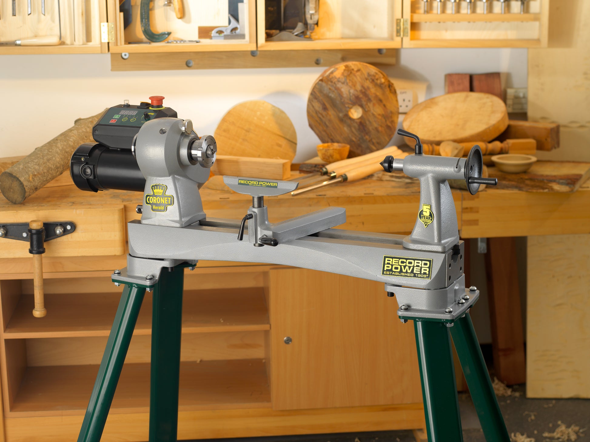 Record Power Herald Lathe in Woodshop with bench feet and Legs