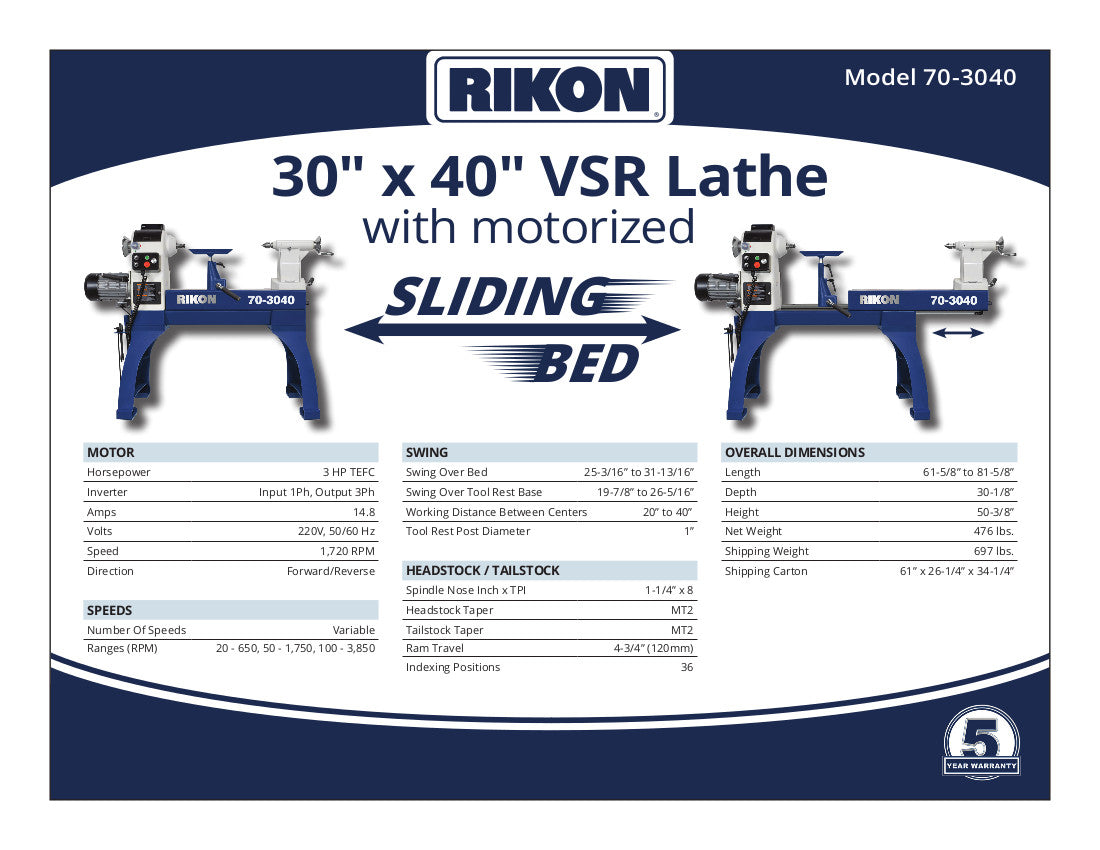 Rikon 70-3040 Power Bed Lathe