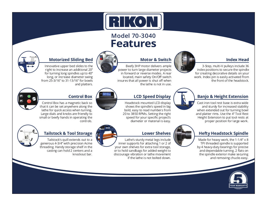 Rikon 70-3040 Power Bed Lathe