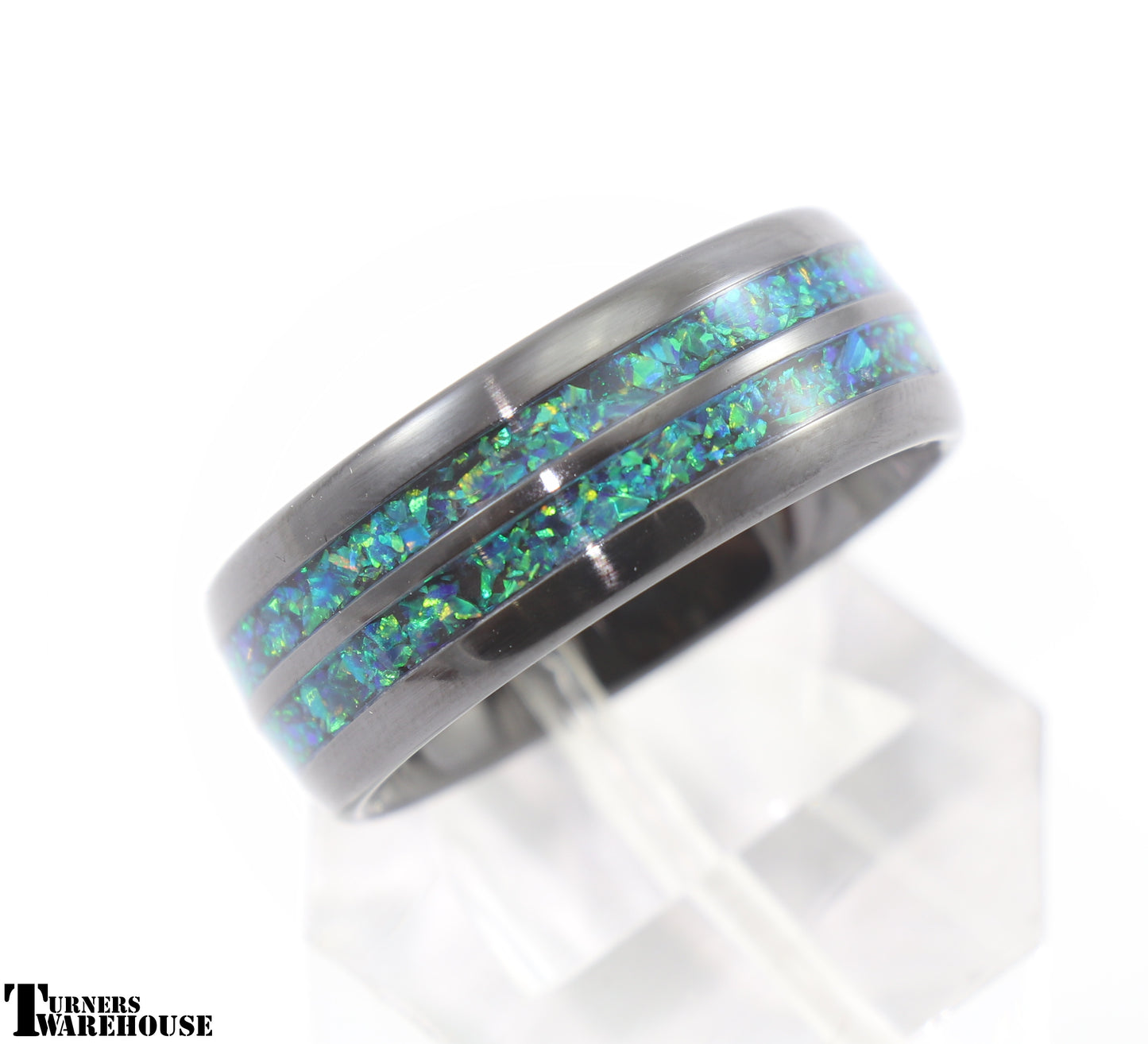 Ceramic Double Inlay Ring Core Black with Opal