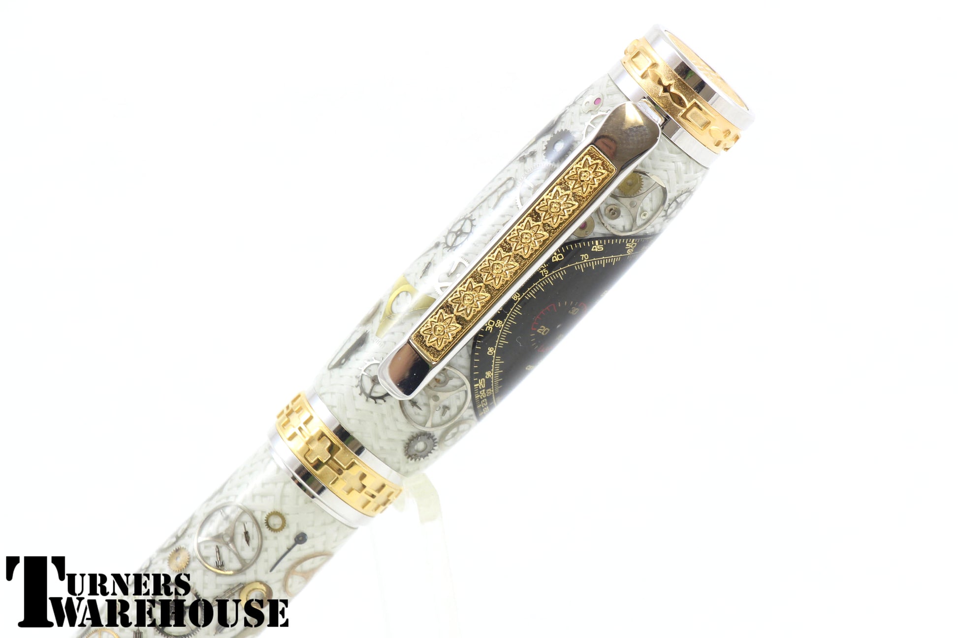 Emperor Fountain Pen in Rhodium and Gold with Vintage Watchpart body Closeup on Clip